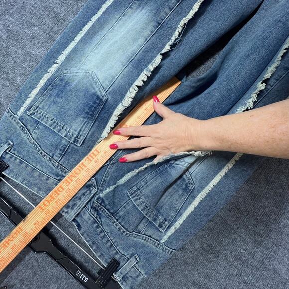 Wide Leg Jeans Womens Large Blue Denim Fringe Frayed Streetwear Baggy Distressed - Picture 8 of 12